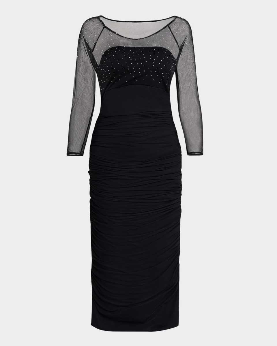 Gyun Ruched Rhinestone Illusion Midi Dress